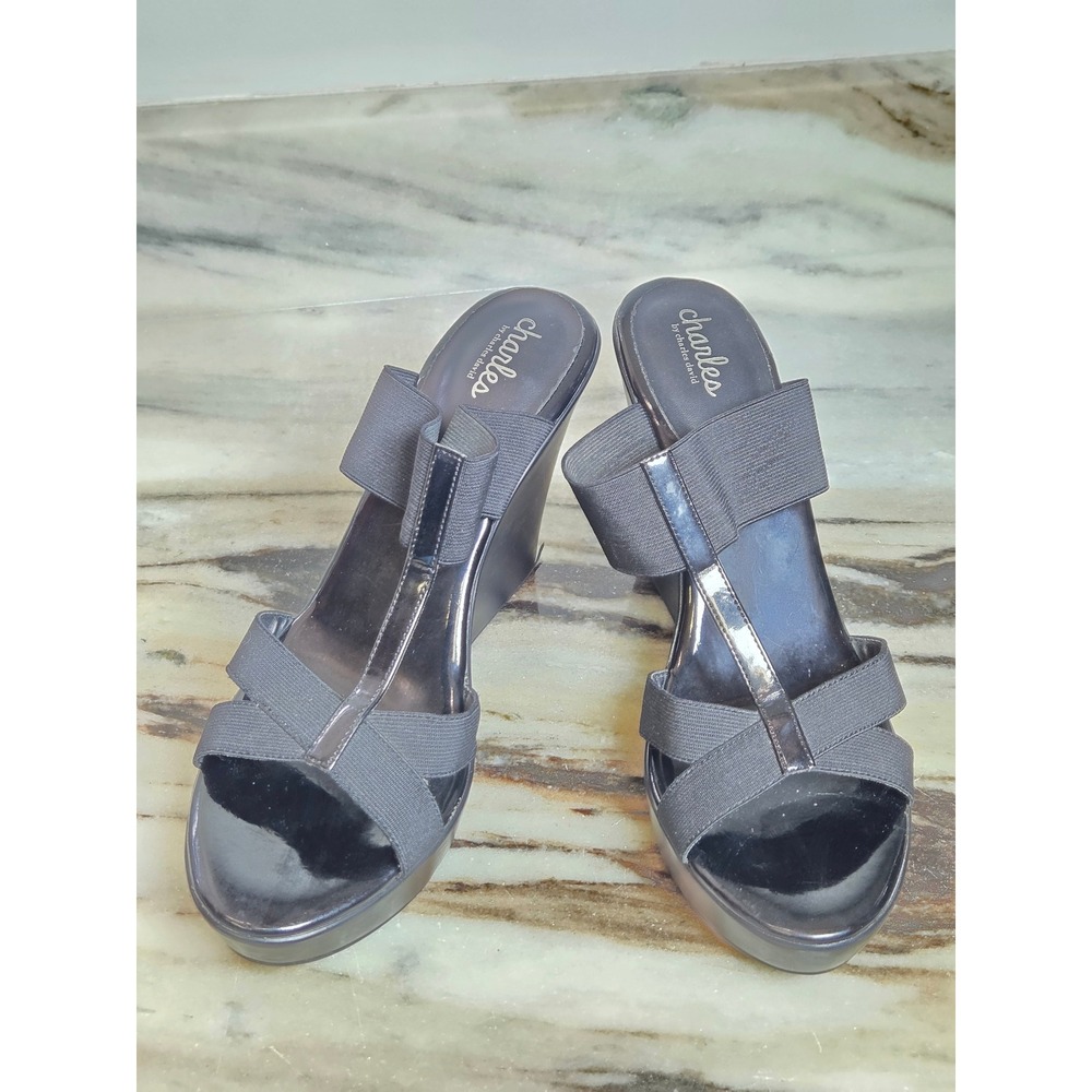 Charles by Charles‎ David Black Elastic Wedge Sandals Size 11M Patent T-Strap